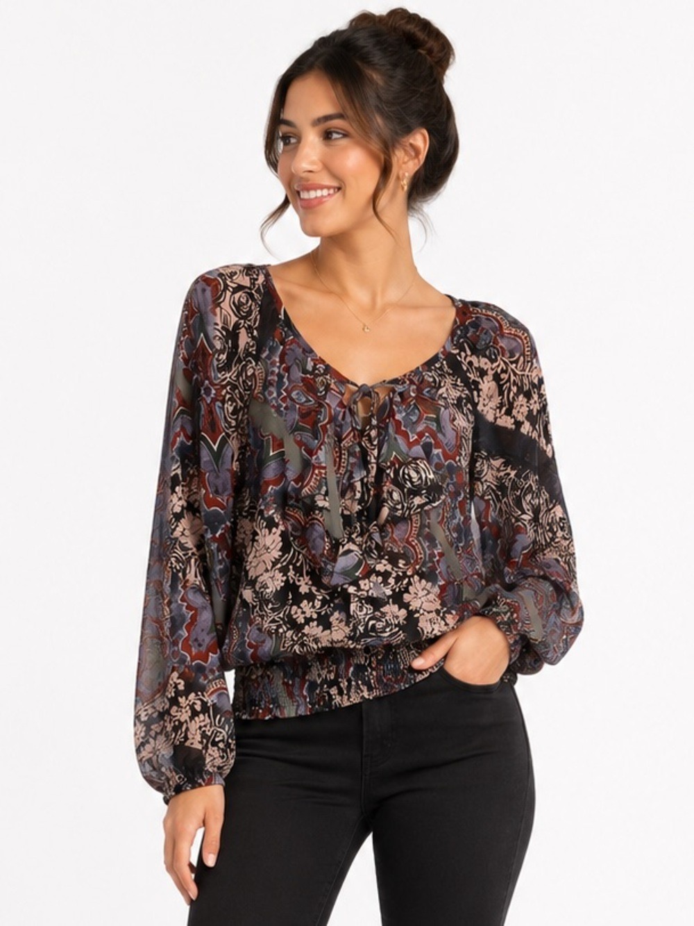 Jockey Women’s Sheer Floral Elastic Waist Ruffled Blouse Size Small